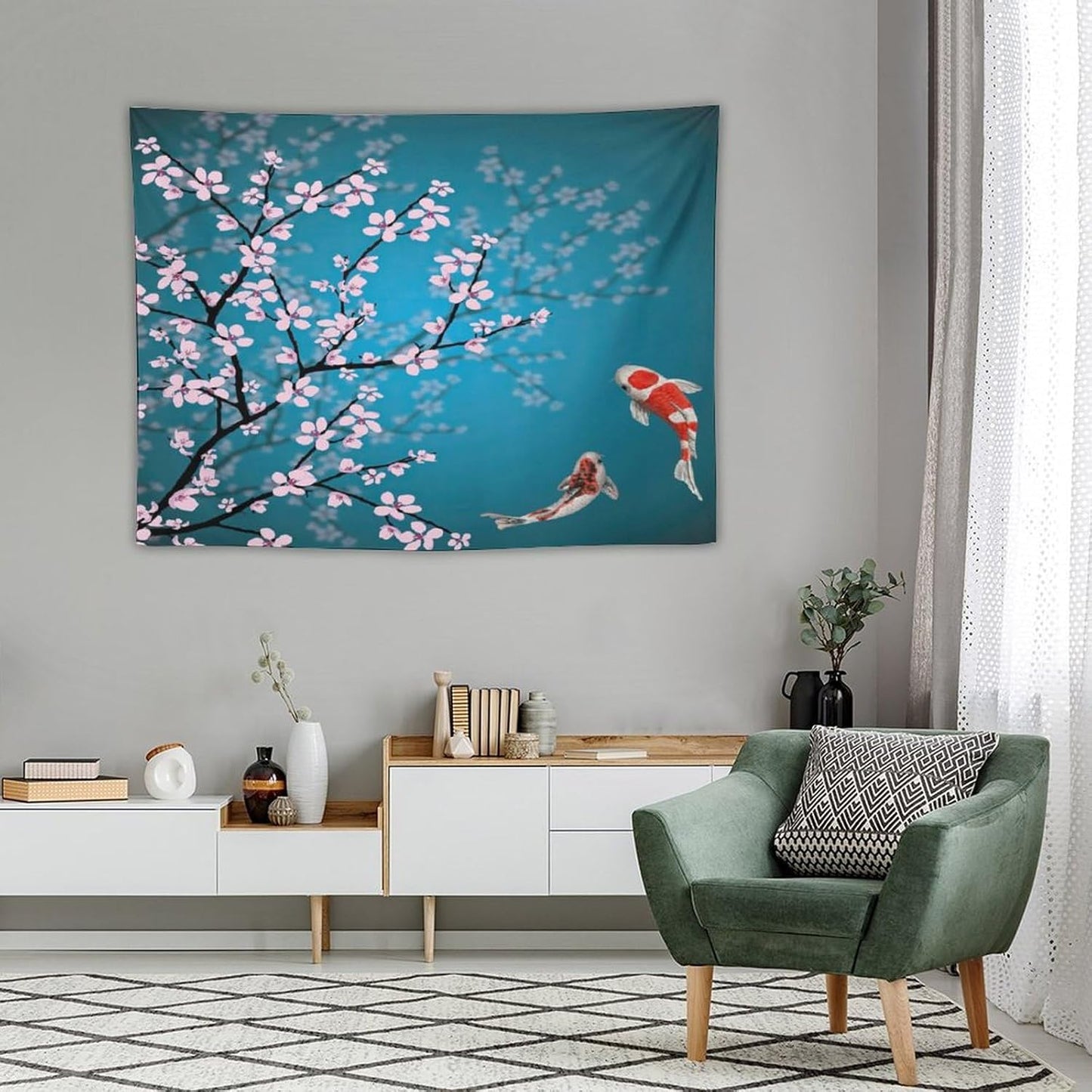 Japanese Koi Fish Tapestry, Cherry Blossoms Asian Oriental Green Teal Flower Branch Koi Fish Carp Tapestries Wall Hanging for Bedroom Living Room Office Decor 40"x30"