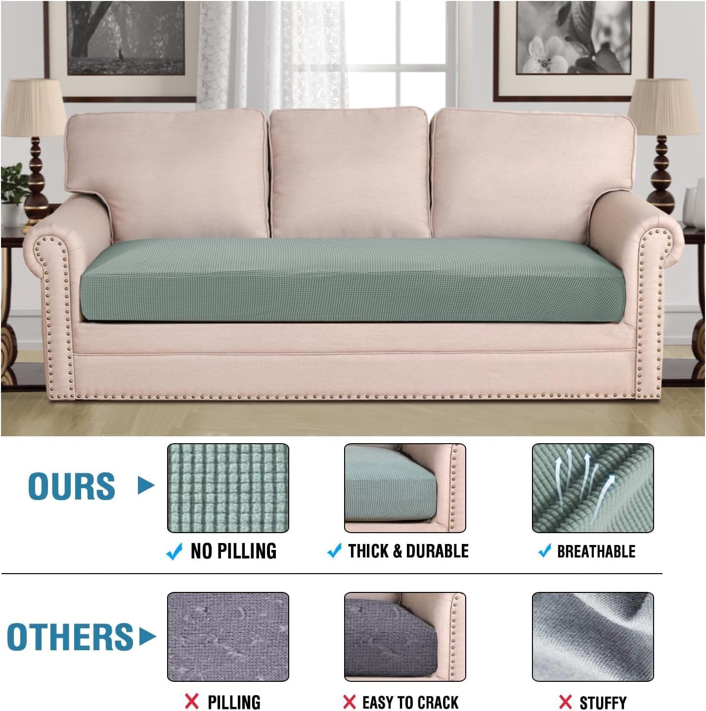 H.VERSAILTEX Super Stretch Individual Seat Cushion Covers Sofa Covers Couch Cushion Covers Slipcover Sets Thick Jacquard Textured Twill Fabric (1 Piece Sofa Cushion Cover, Sage)