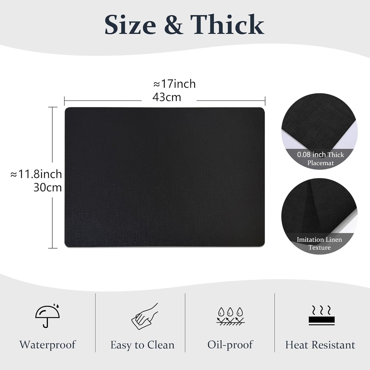 FROMHEART Faux Leather Placemats Set of 6–Waterproof,Heat/Oil Stain-Resistant PU Table Mat–Reversible,Non-Slip,Easy to Clean Place Mats for Kitchen,Dining,Indoor/Outdoor,(Black,11.8" x 17")