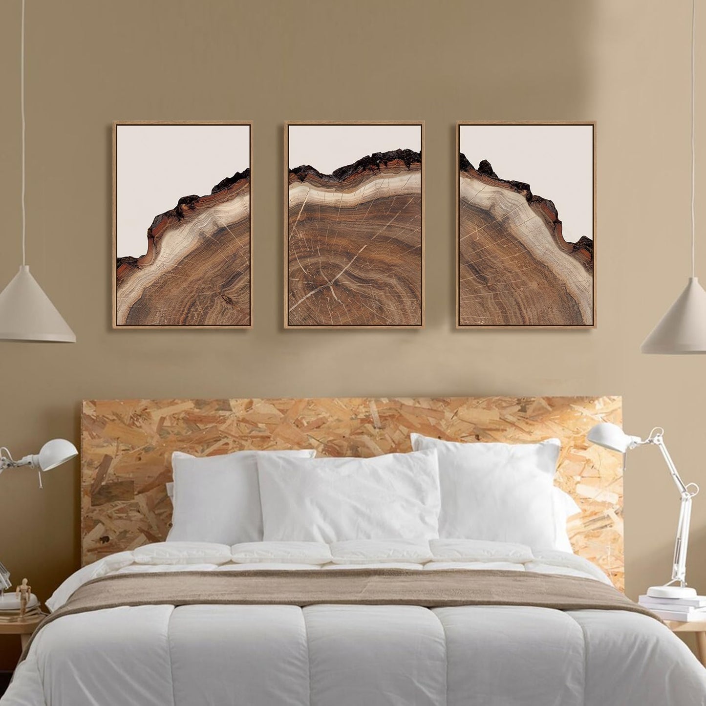 HPINUB Tree Rings Wood Wall Art Framed Set, Modern Beige Wood Stump Wall Decor, Abstract Tree Spiral Wall Painting,Nature-Inspired Art Print for Living Room, Bedroom, Dining Room, Office-16 x24 x3