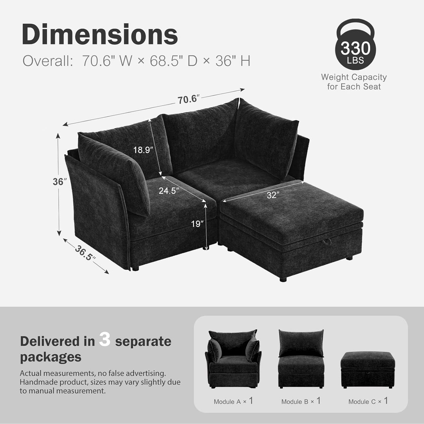 Luxury Modular Sectional Sofa, L-Shaped 3-Seat Couch with Storage Ottoman Deep Seat & Reversible Chaise Lounge Chenille Black for Compact Spaces, Apartments, Dorm