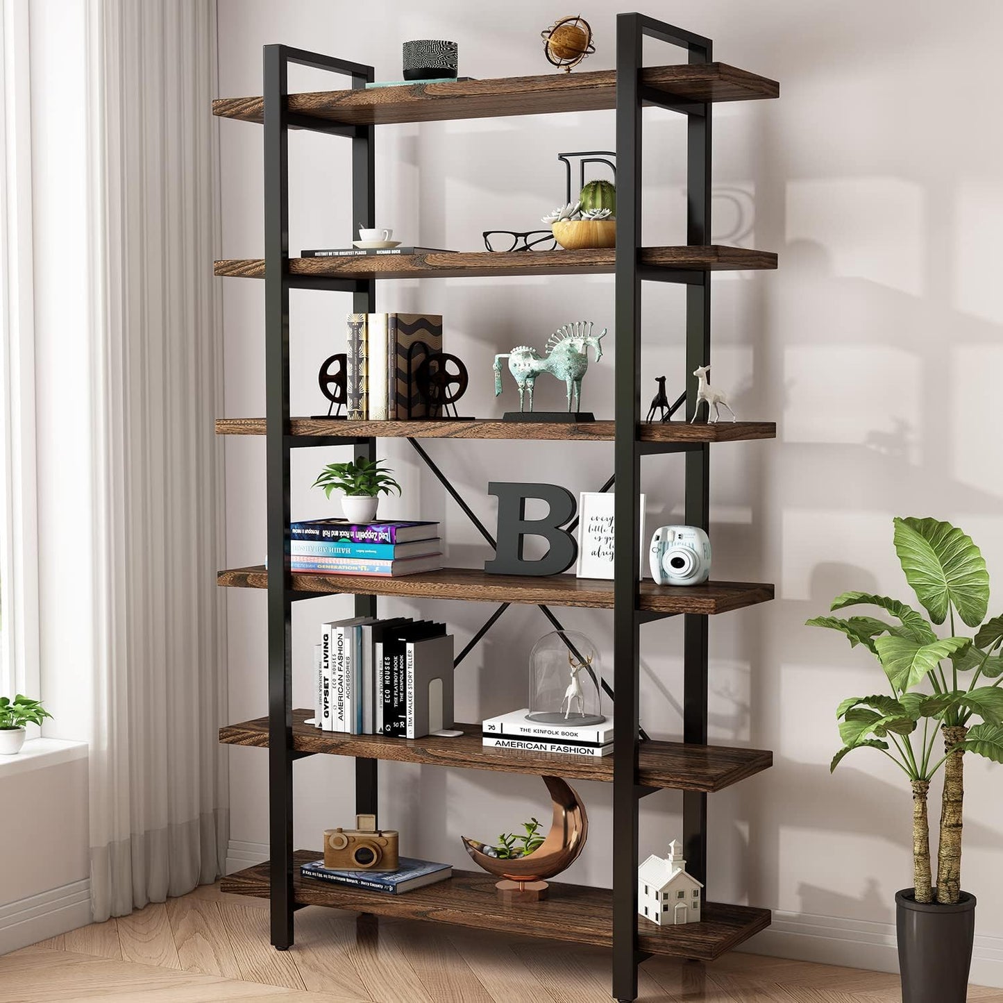 Solid Wood Bookcase and Book Shelves Wood and Metal Shelving Unit 6 Tier Bookshelf Modern Rustic Open Bookshelf Office,Distressed Brown (AY-02-6Tier)
