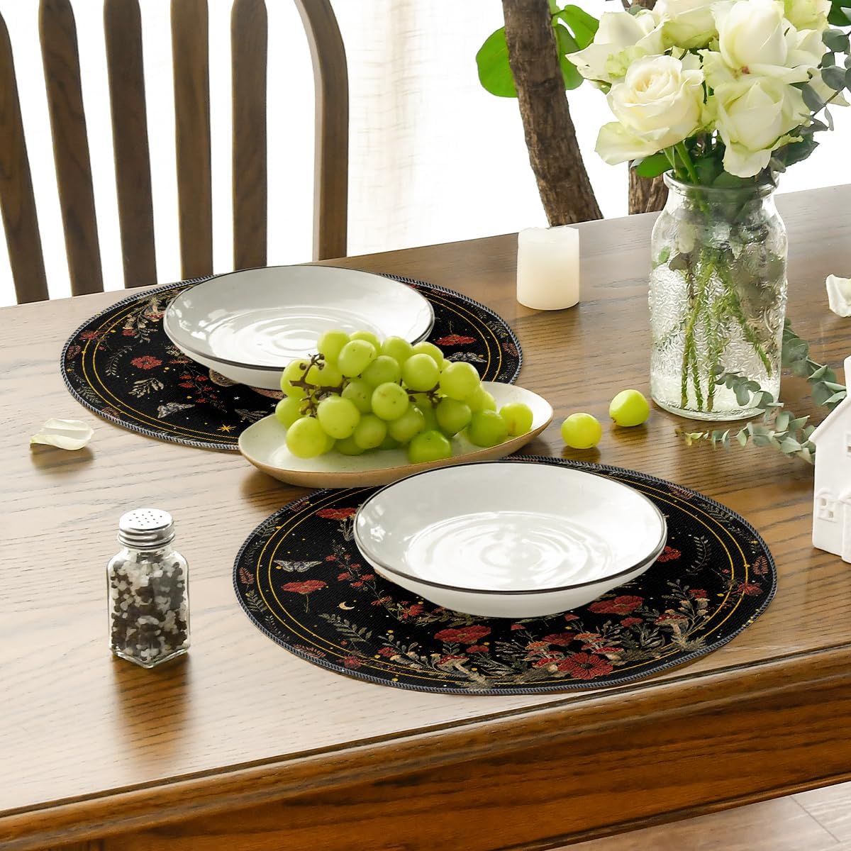 Artoid Mode Black Poppy Moth Moon Round Placemats Set of 4, 14 Inch Floral Spring Round Table Mats for Party Kitchen Dining Decoration