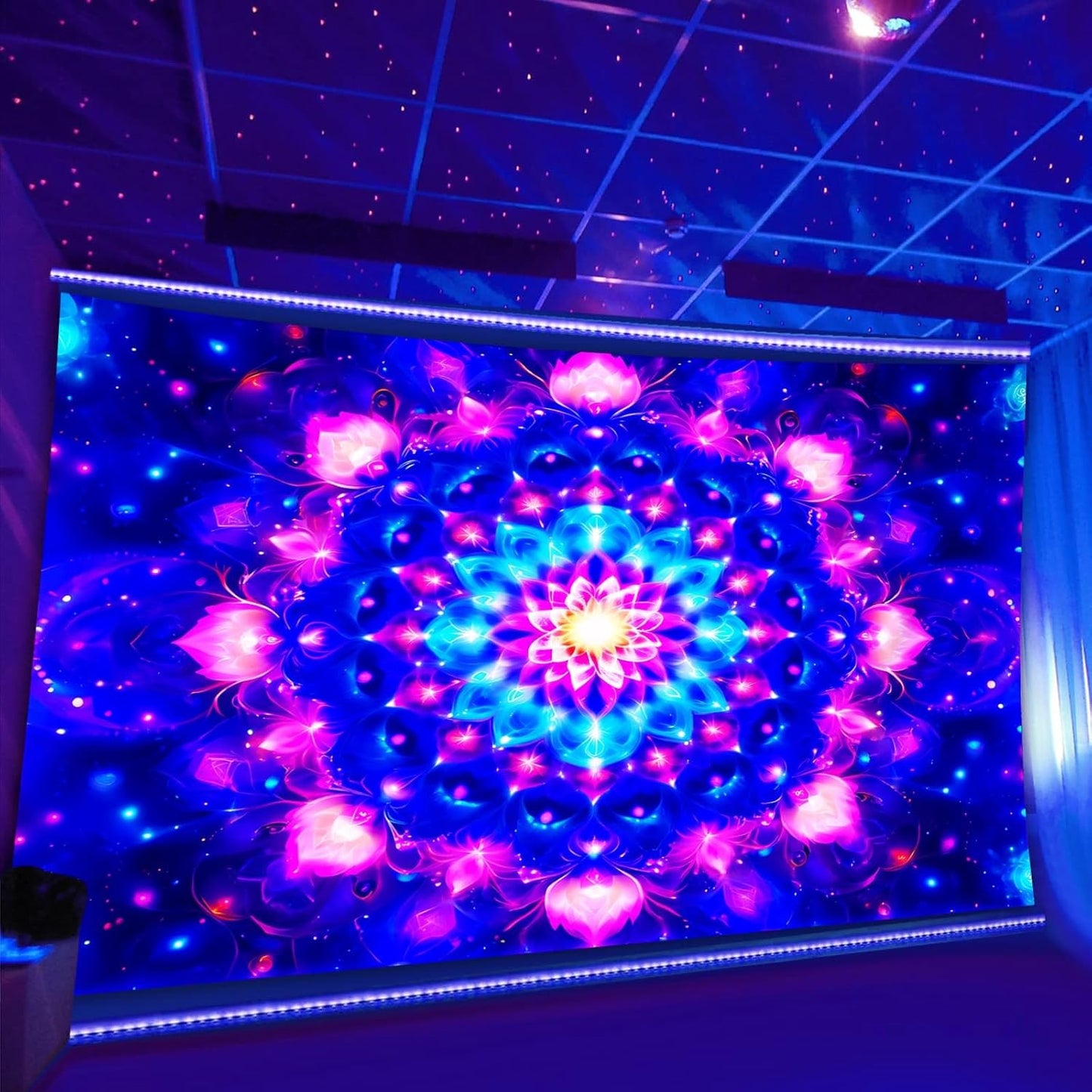 PSYHILAR Blacklight Mandala Tapestry for Bedroom, Psychedelic Black Light Posters for Adults and Teens, Colorful UV Reactive Aesthetic Bohemian Art Wall Hanging Decor (90 x 70 Inches)