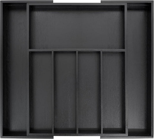 VaeFae Premium Bamboo Drawer Organizer, Expandable Silverware Drawer Organizer, Cutlery Tray with Dividers for Kitchen Utensils (Black, Large)