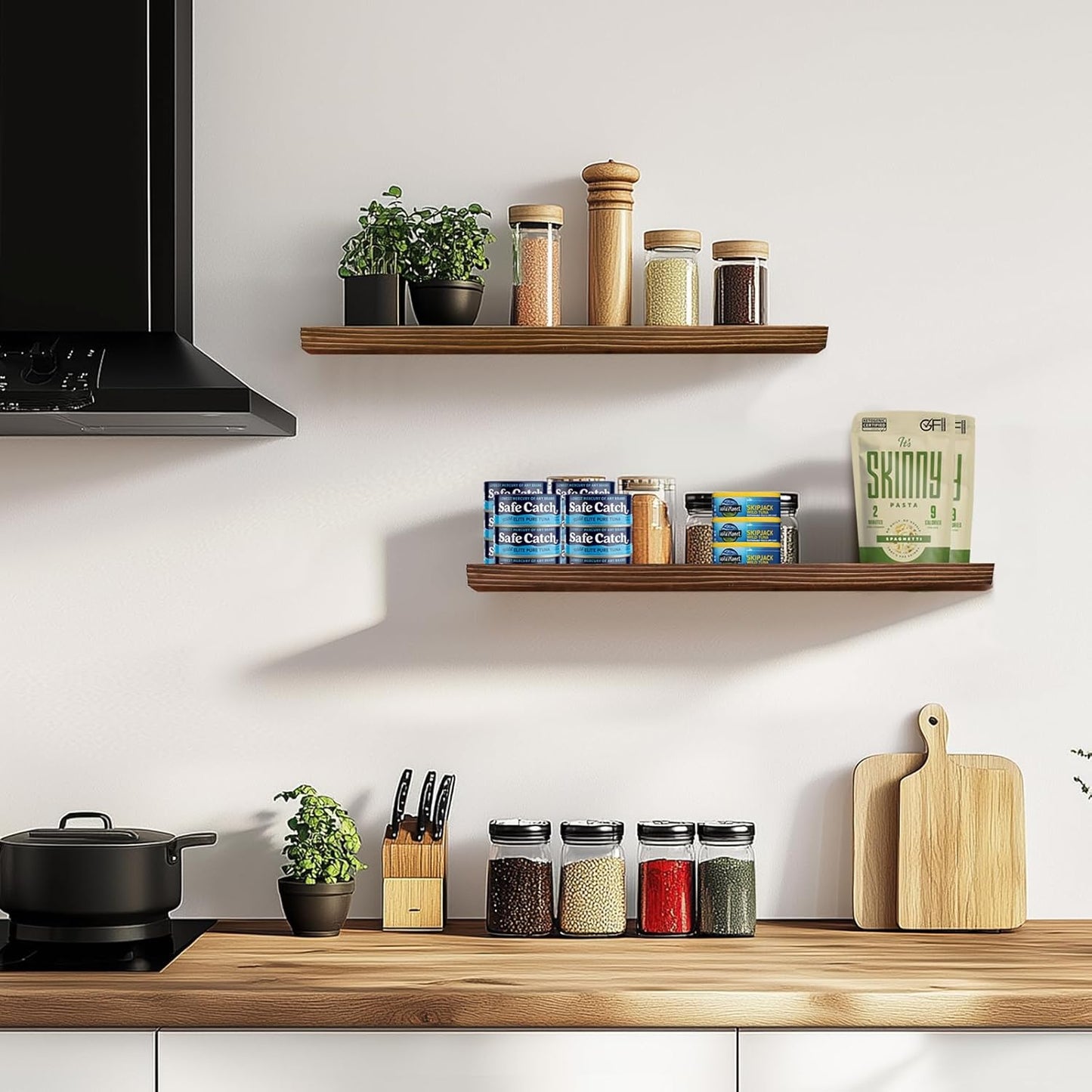 24"x6.8"x1.2" Solid Wood Floating Shelves 2-Pack - Rustic Brown Finish with Hidden Brackets, Perfect for Storage and Décor in Living Room, Kitchen, Bedroom