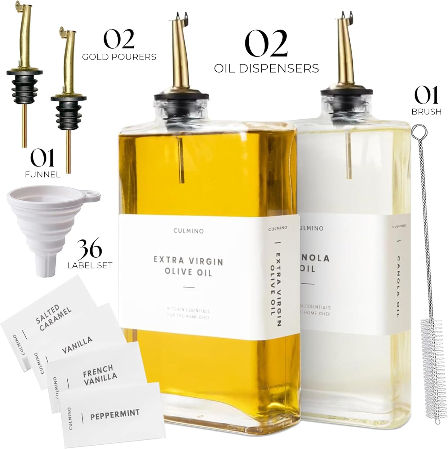 Premium Glass Olive Oil Dispenser Bottle 350ml | Cooking Oil and Vinegar Dispenser Set of 2 | Oil Dispenser for Kitchen with 2 Gold Pourers, Funnel, Brush & 36 Labels