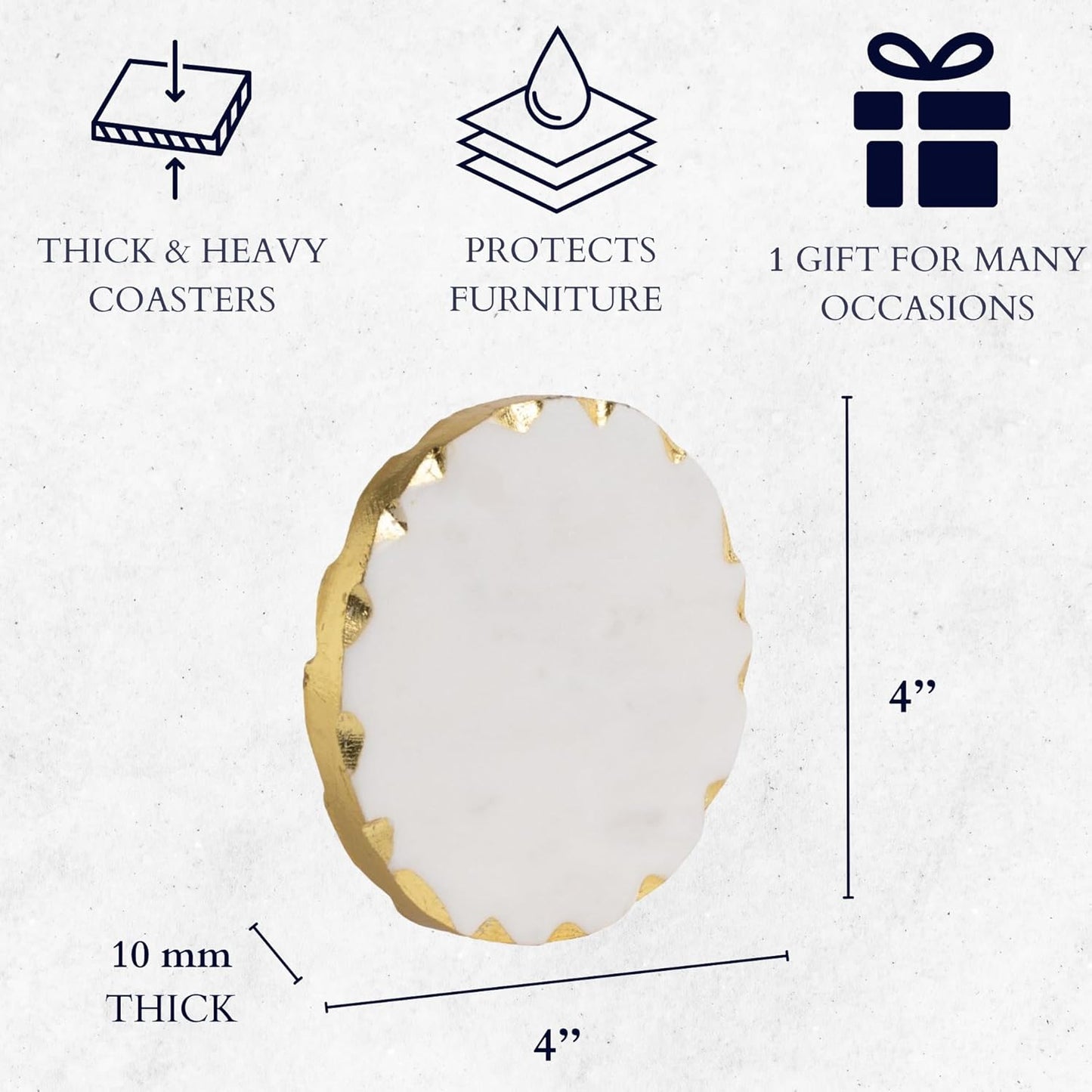 Set of 6 Real Marble Coasters with Golden Borders, decoratice White & Gold Coasters for Desk, Coffee Table | Thick & Heavy Aesthetic Coaster Set, 4 inch Dia (Gold)