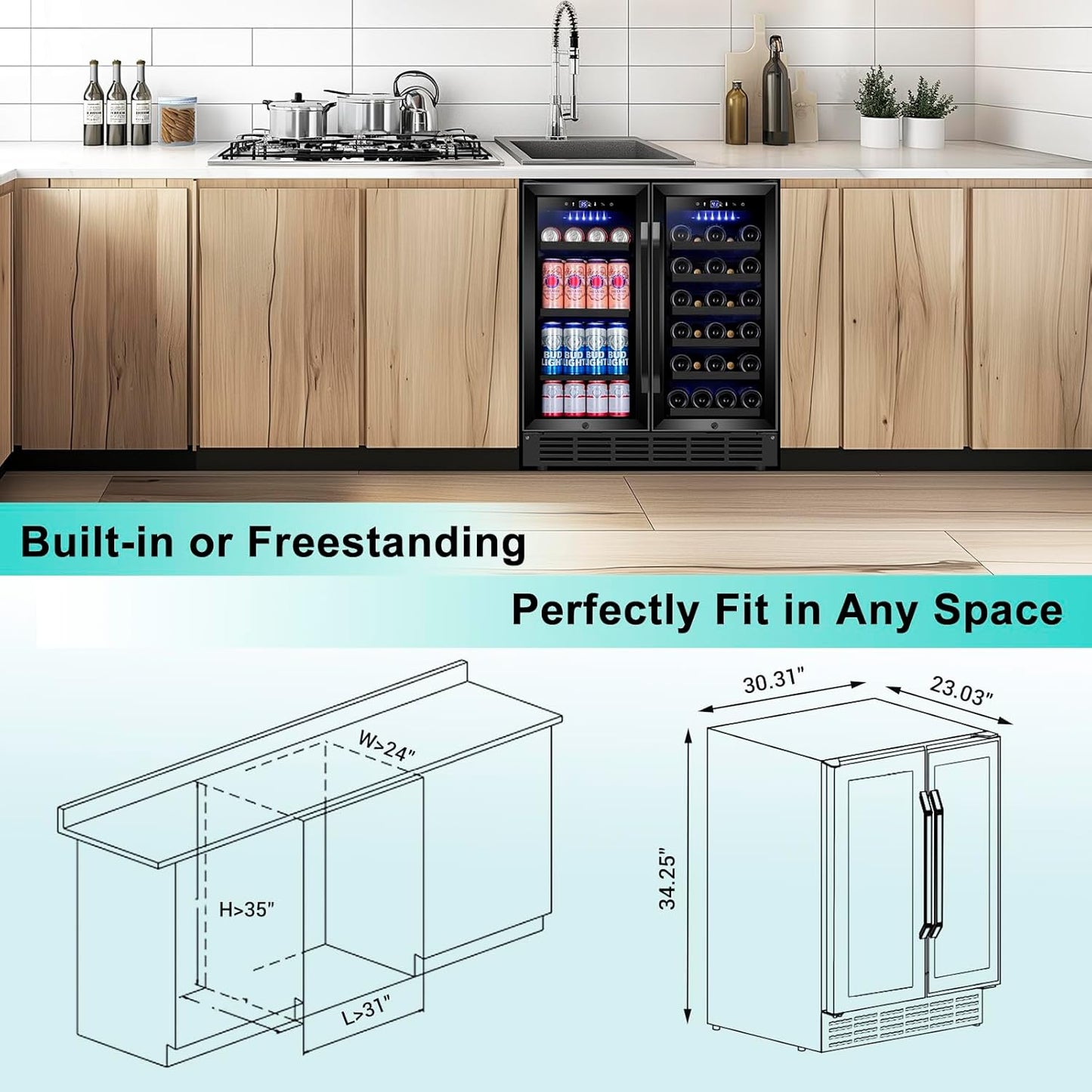 30 Inch Wine and Beverage Refrigerator, Upgrade Dual Zone Wine Cooler, 30'' Wine beverage Fridge Built in or Freestanding Under Counter Large Capacity Glass Door Advanced Cooling System,Black