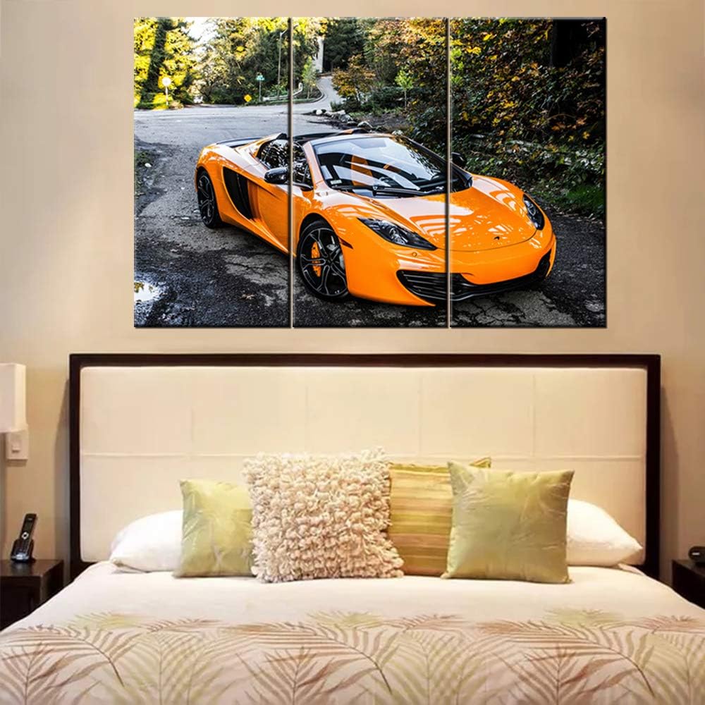 TUMOVO 3 Pieces Orange Sports Car Wall Art Picture Home Decoration Living Room Canvas Print Painting Wall Picture on Canvas with Frame Ready to Hang - 28 x 14inch x 3 Panel