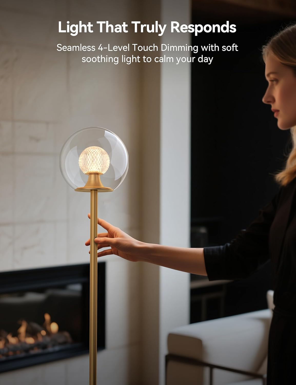 Tubicen Gold Floor Lamp with Dual-Globe Glass Shade Memory Function Art Decor 4-Stage Touch Control Dimmable Modern LED Corner Standing Floor Lamp for Bedroom Office Living Room Bedside