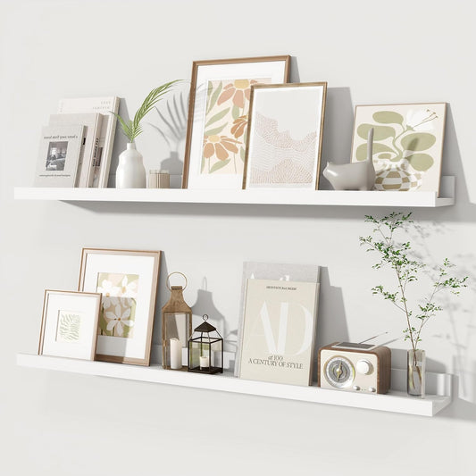 Fun Memories Picture Ledge Shelves Set of 2, 36 Inch Rustic Wall Mounted Floating Shelves with Lip for Home Storage and Décor in Bathroom, Kitchen, Nursery, Bedroom, Living Room, White