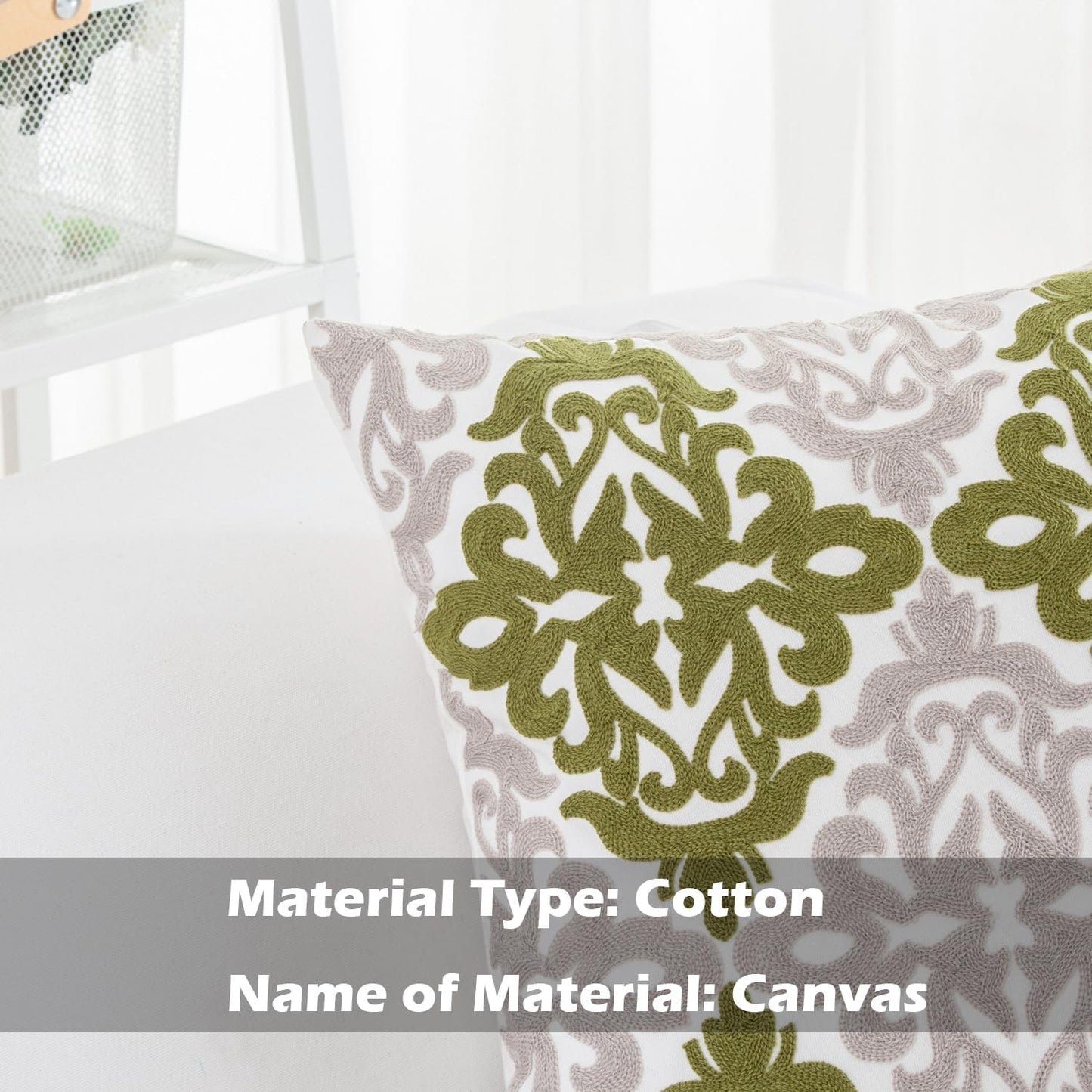 HWY 50 Green Decorative Throw Pillow Covers 18x18 Inch (1 Piece), Embroidered Cotton Farmhouse Cushion Cover Pillow Case for Sofa Couch Living Room Bed Bedroon, Floral Geometric