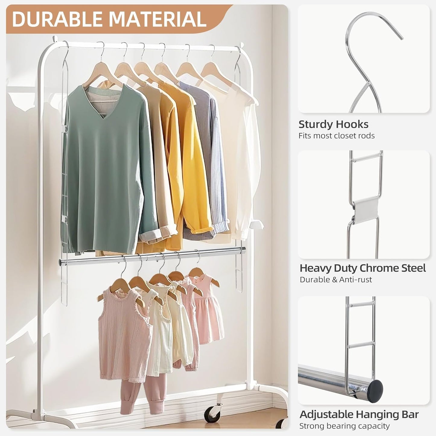 STORAGE MANIAC Hanging Closet Rod, Adjustable Width and Height Closet Hanging Organizer, Space-Saving Clothes Hanging Bar, Closet Extender Hanging Rod Double Closet Hanging Rod, 1 Pack Chrome