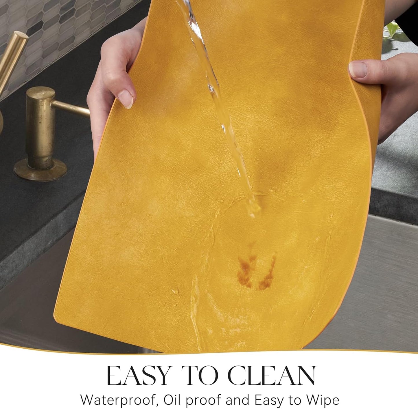 MOSAYT Vinyl Placemats Set of 12-12 X 17 Inch - Faux Leather 100% Waterproof Oil-Proof Wipeable PU Place Mats, Heat Resistant Reversible Table Mats for Kitchen, Dining, Outdoor (Yellow)