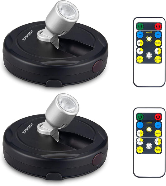 Wireless Spotlight Battery Operated, LED Picture Lights, Stick on Uplighting for Indoor Plant Tree Painting Artwork Portrait Photo Art, Dimmable Accent Puck Light with Remote, 2 Pack