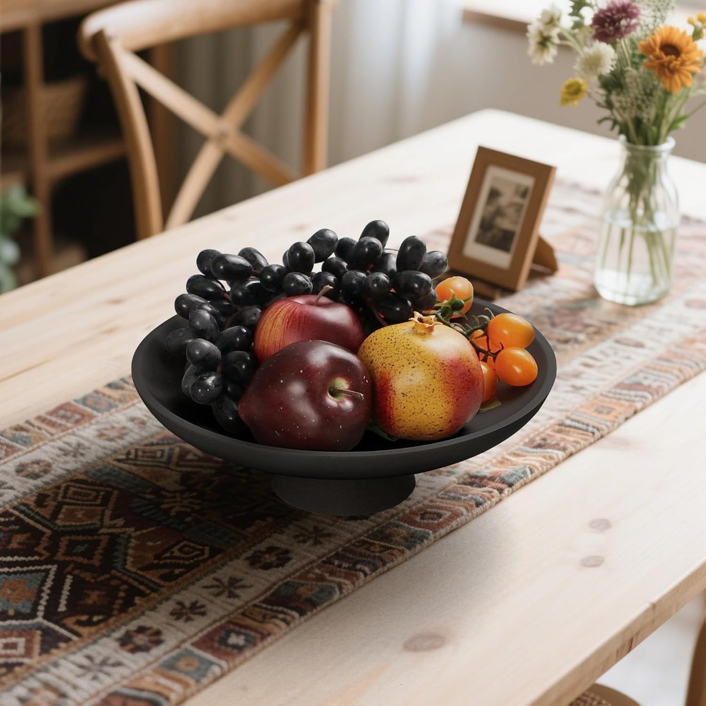 Modern Resin Pedestal Decorative Bowl, Large Fruit Bowl for Kitchen Counter, Stylish Key Bowl for Entryway Table, Matte Black
