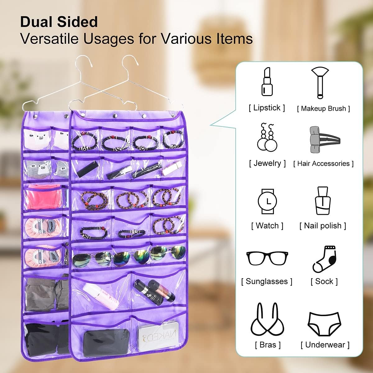Dual Sided Hanging Organizer for Jewelry Makeup Storage Closet Organizers for Bows Socks Underwear with 42 Clear Pockets (PURPLE)