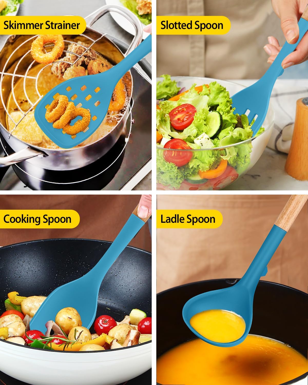 Silicone Kitchen Utensil Set for Non Stick Cookware, 7 Pcs Heat Resistant Cooking Utensils with Wooden Handle, BPA Free Kitchen Tools with Spatulas, Spoons, Skimmer and Pasta Fork (BLUE)