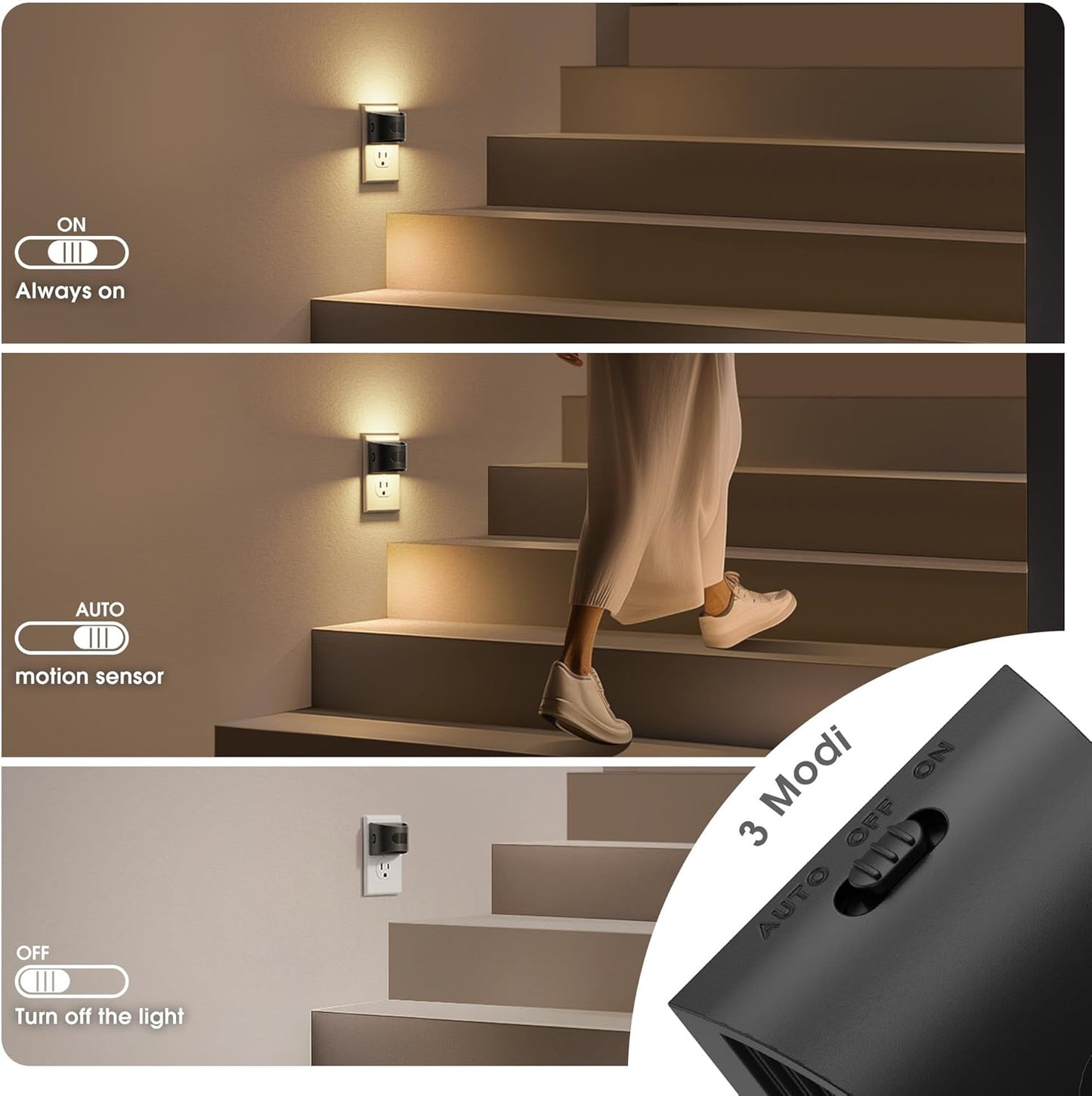 JandCase Motion Sensor Night Light, Night Lights Plug into Wall, Dusk to Dawn Sensor Nightlight with Motion Activated, 30/60/100lm Brightness Dimmable, 3000K Warm White, for Kids Bedroom Hallway