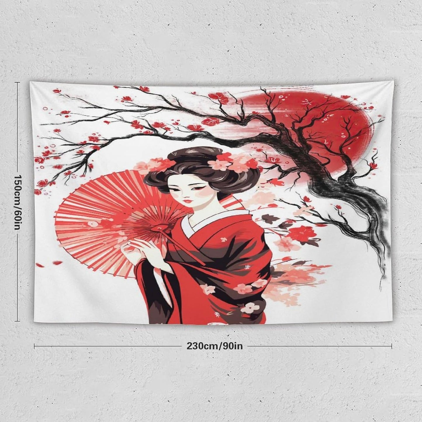 Japanese Red Geisha Tapestry Asian Cherry Blossom Traditional Kimono Folk Tapestries Home Decor for Living Room Bedroom Apartment Farmhouse Dorm 90"x60"