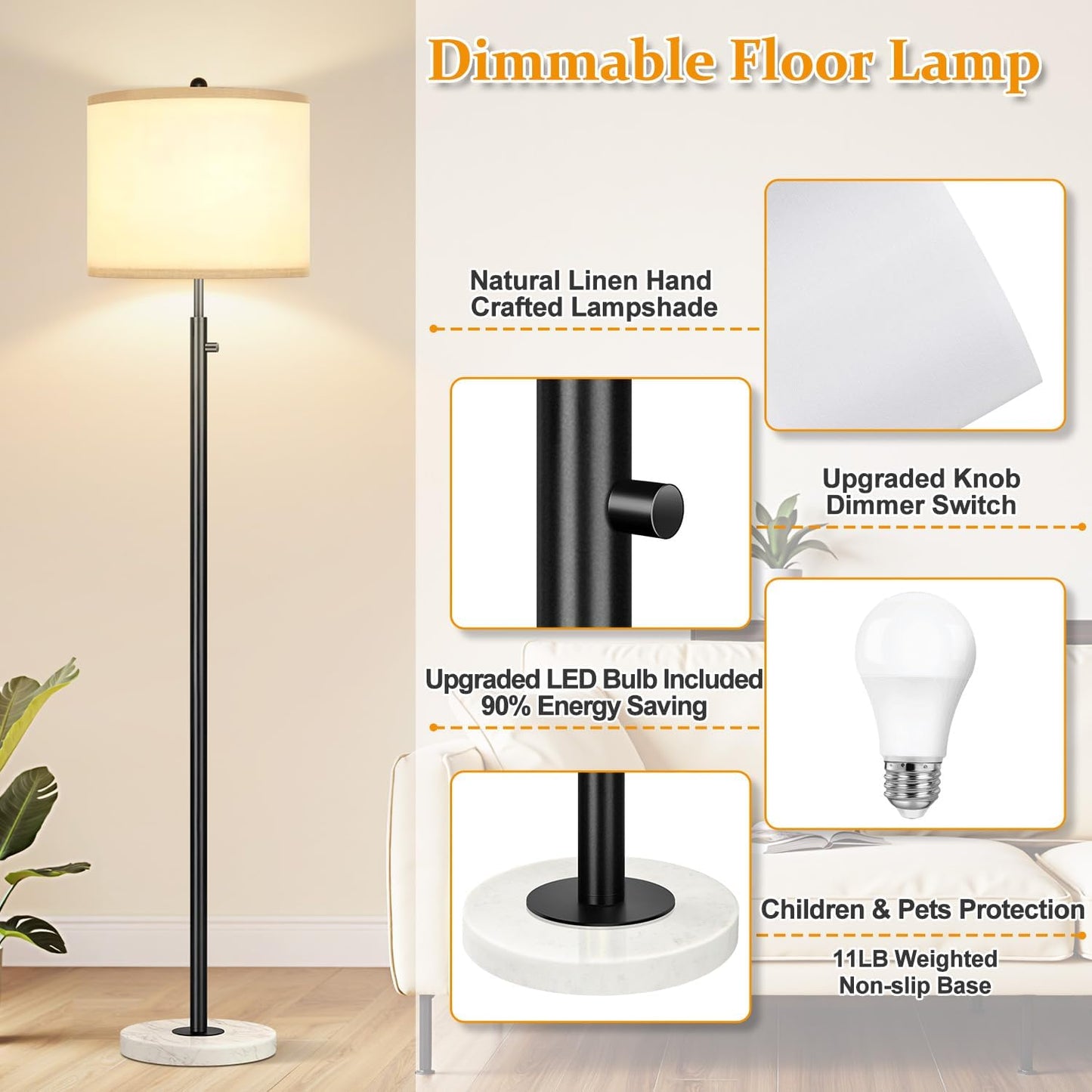 Nintiue Dimmable Floor Lamp for Living Room, 11W LED Bulb Included, Modern Standing Lamp with Marble Base, Tall Pole Light with White Linen Shade for Bedroom Reading Office Corner Nursery-Black