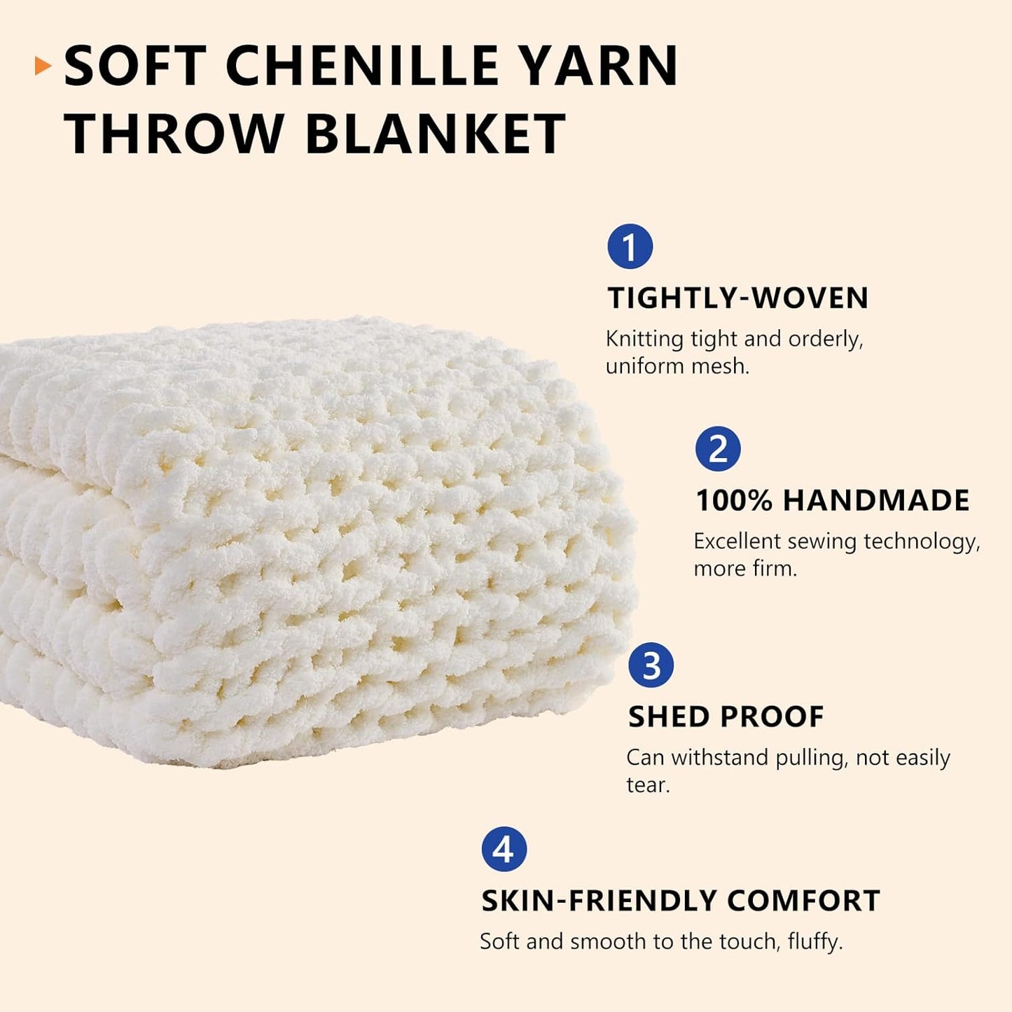 L'AGRATY Chunky Knit Blanket Throw: Soft Chenille Yarn Throw Blanket 60x80 - Handmade Thick Cable Crochet Blanket - Large Chunky Rope Throw Blanket for Couch Sofa Bed Home Decor(Cream White)