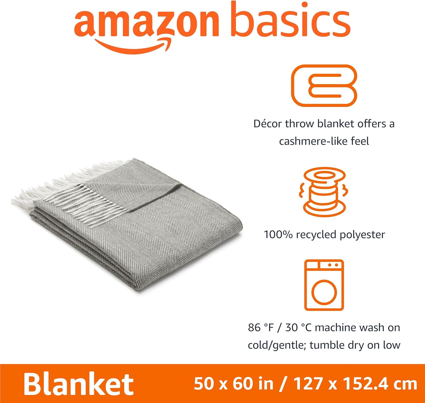 Amazon Basics Cozy Room Décor Throw Blanket, Lightweight, Recycled Polyester, Dark Gray and Light Gray Herringbone, 50"x 60"