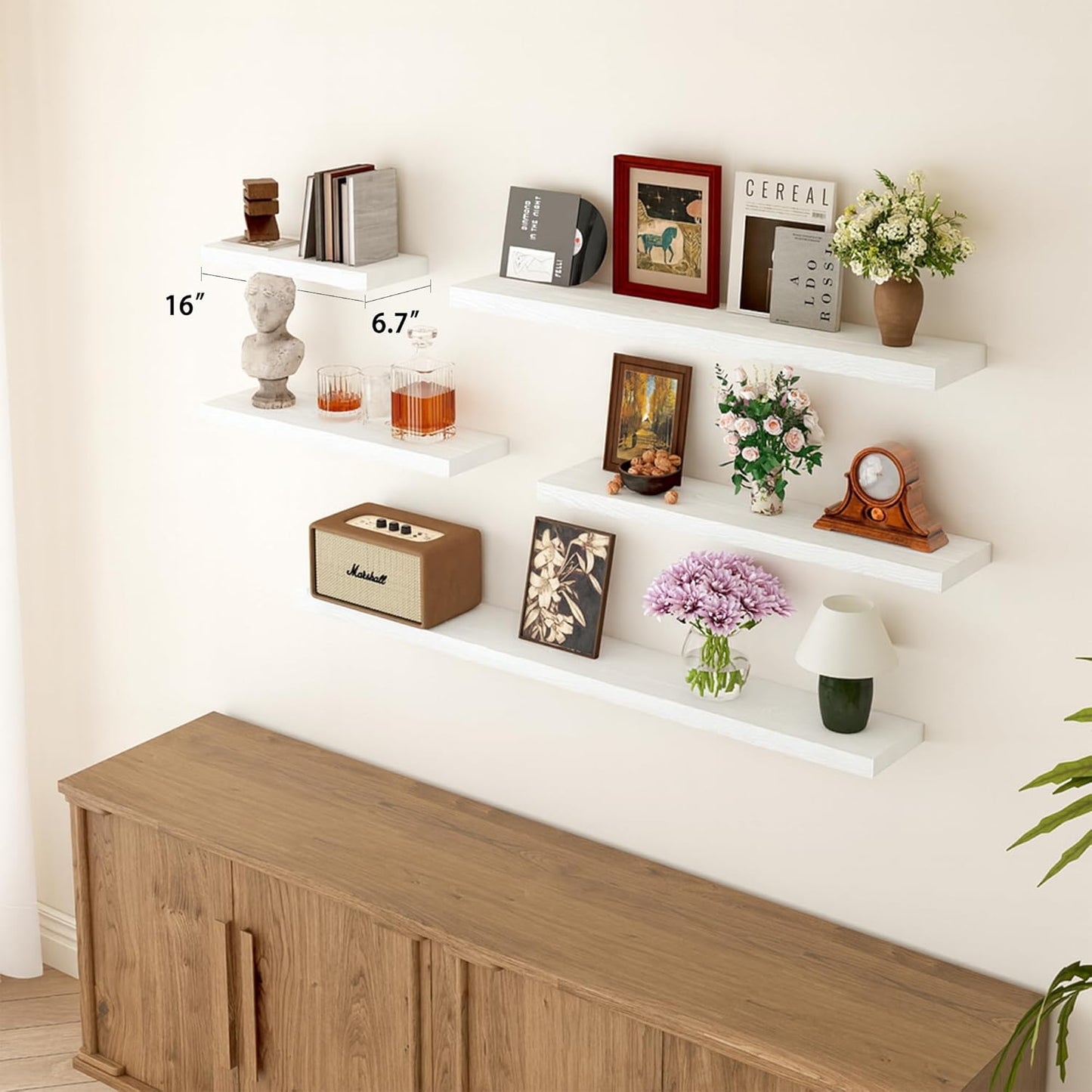 BGMG Wood Floating Shelves 16 inch Set of 2, Rustic Wooden Wall Mount Shelves for Bathroom Living Room Bedroom Kitchen Farmhouse -16x 6.7 x1.25 inch- White