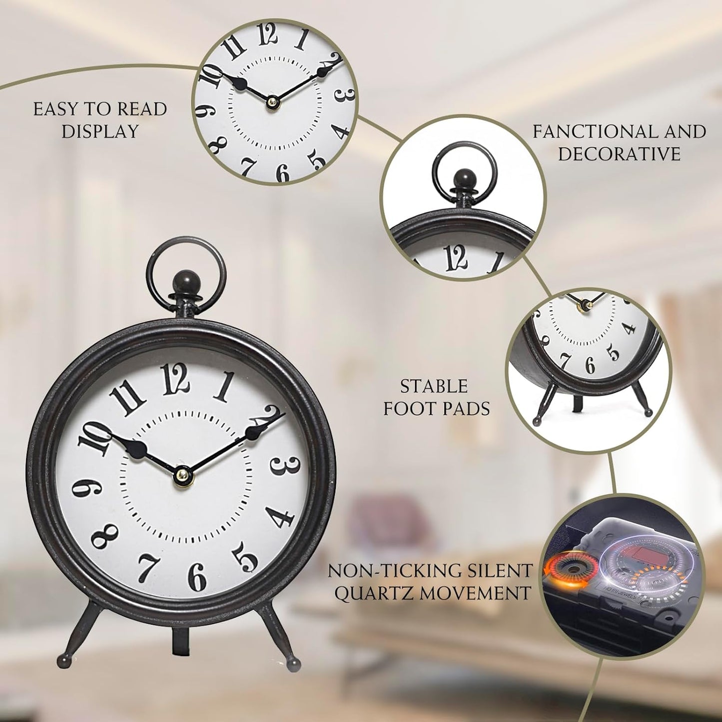 Vintage Decorative Desk and Shelf Clock, Rustic Mantel Clock Farmhouse Clock,Black Table Clock on Stand, Silent Non-Ticking 10.3 * 7.3 inch