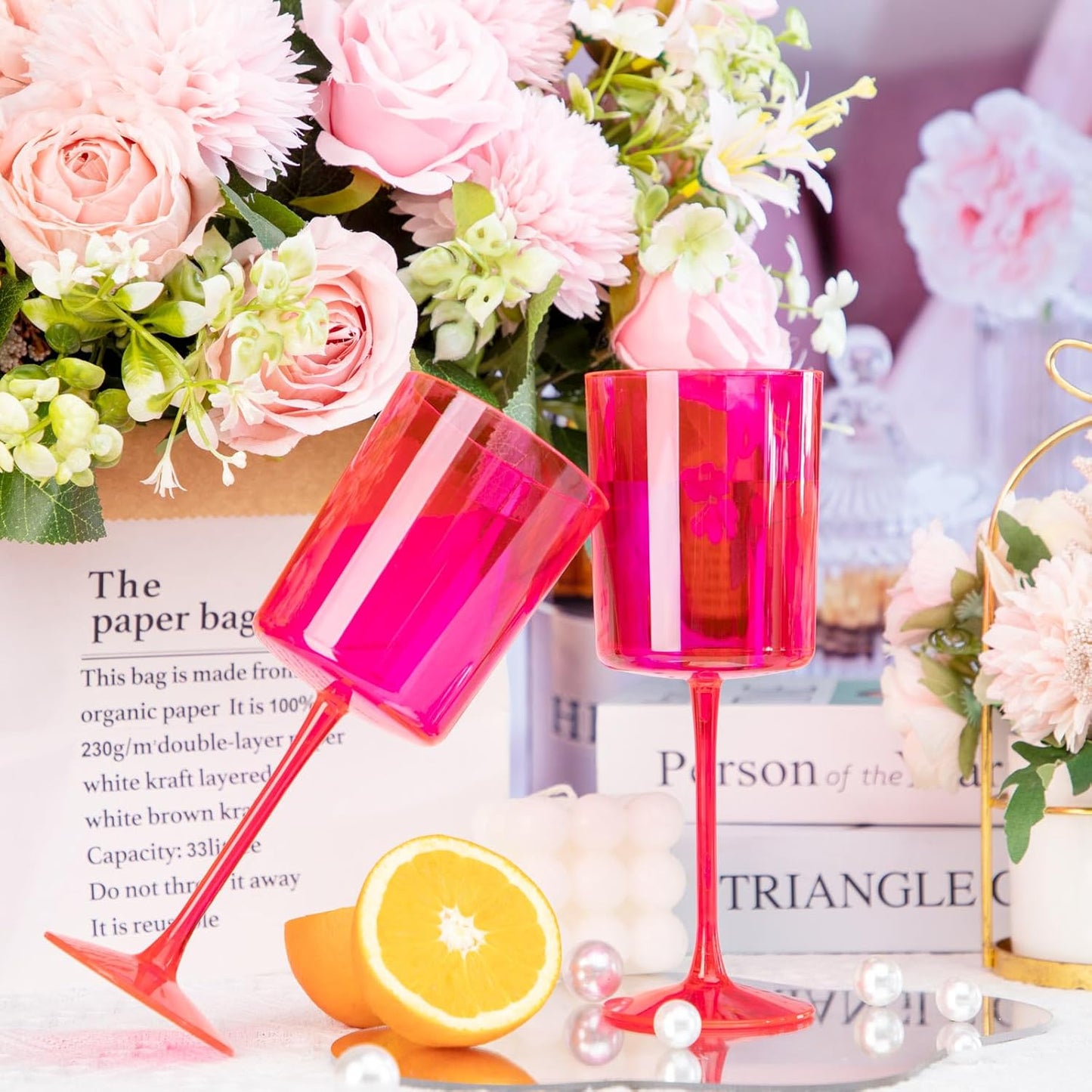 Ciaell 12 Pack Plastic Wine Glasses - 10Oz Hot Pink Plastic Wine Glasses With Stem - Disposable Stemmed Cups for Parties & Weddings