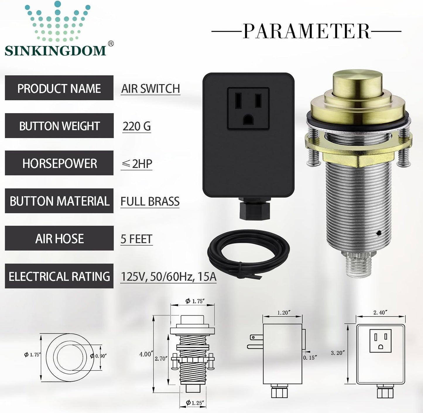 SinkTop Air Switch Kit with Brass Gold Long Button (Full Brass) for Garbage Disposal,without cabel