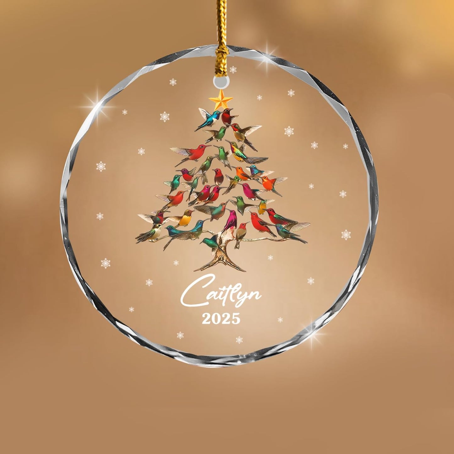 Personalized Christmas Ornament – Custom Holiday Tree Design with Birds – Custom Name 2025 – Glass Christmas Tree Ornament with Suncatcher
