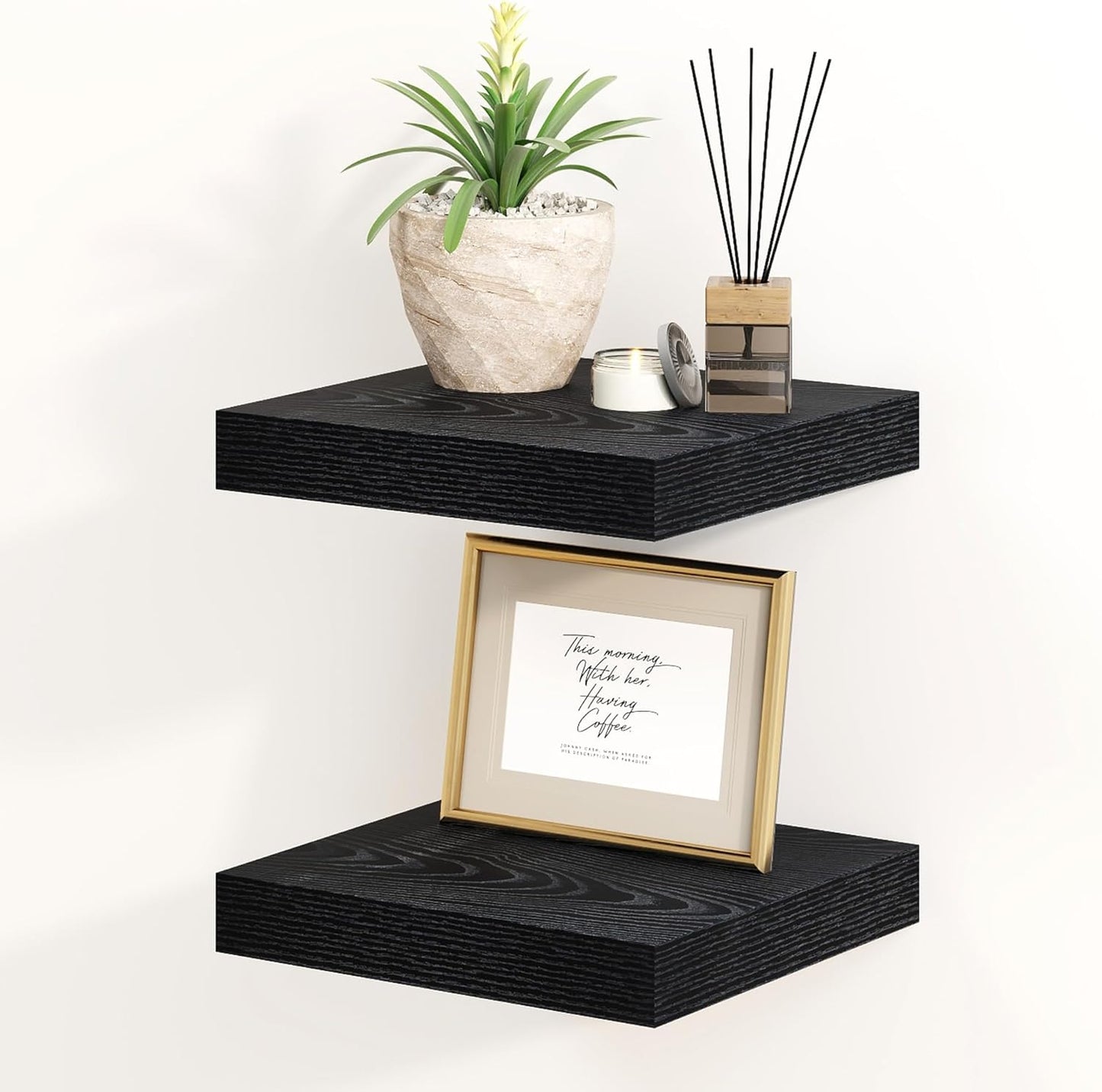 Fun Memories Black Floating Shelves 8 Inch Long, 8" Deep Wall Shelves, Small Deep Floating Shelf Square Wall Shelf, Rustic Display Shelves for Living Room, Bathroom, Kitchen, Set of 2
