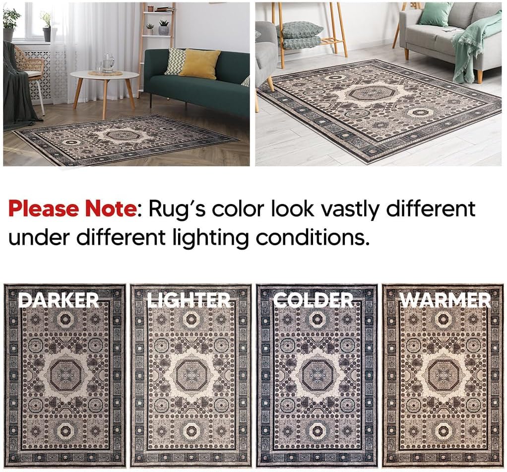 Keen Home Design 5x7 Rug - Machine Washable Area Rug with Non-Slip Backing, Ideal for Living Room, Dining Room, Bedroom - Vintage, Easy Clean, Durable, Low Pile Rug - (5' x 7')