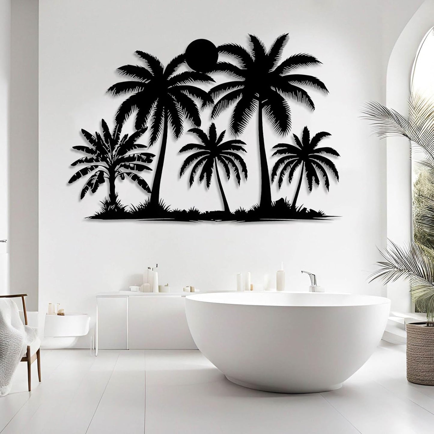 Tuglona Metal Palm Tree with Sunset Wall Decor, Tropical Palm Tree Metal Wall Art, Tropical Wall Decor, Sun Wall Art, Beach Wall Decoration, Coastal Trees Wall Hanging (Silver, 48"x33"/121x84cm)