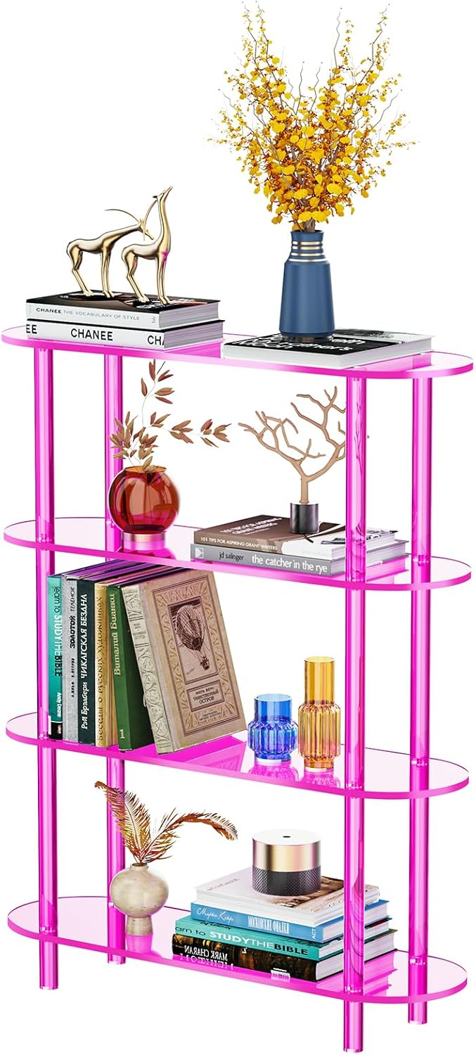 Clear Bookshelf, Acrylic Bookcase with Open Book Shelf Console Table for Entryway Office (4 Tier Pink)
