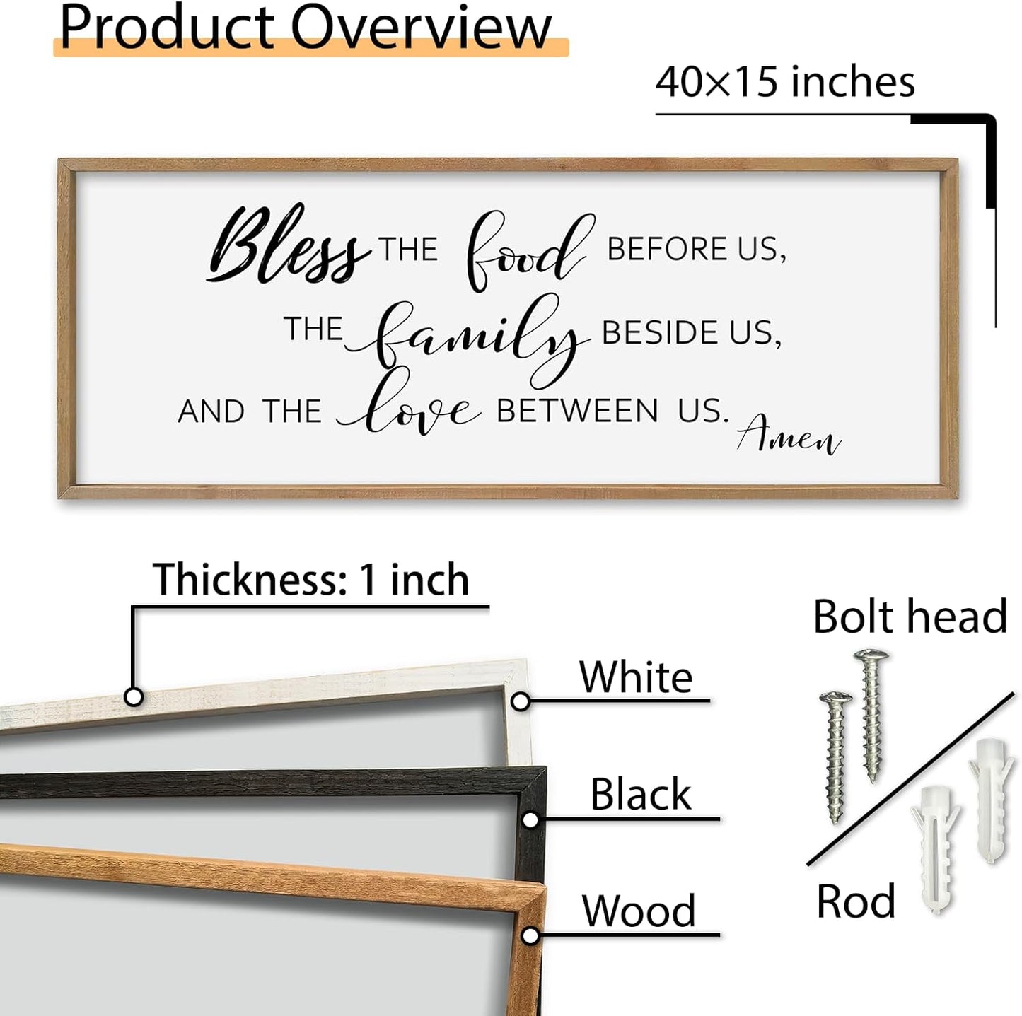 SRSZHIYUE Bless the Food Before Us Wall Sign Decor 40"×15" Christian Bible Verse for Farmhouse Rustic Kitchen Dining Room Framed Wood Scripture Religious Jesus Prayer Wall Art (Wood)