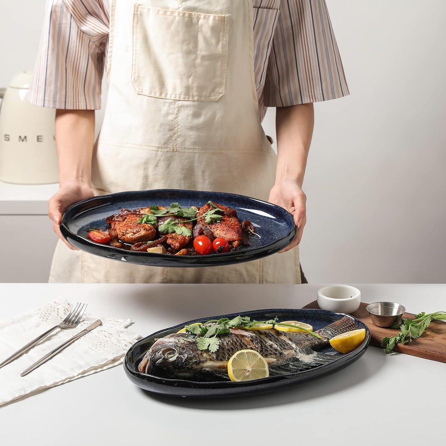 vicrays Serving Platter Ceramic Tray Plates Extra Large Oval 14.5 Inch Porcelain Dinner Plates Long Serving Dish Set Entertaining Party Restaurant Food Meat Sushi Fish Turkey Platter