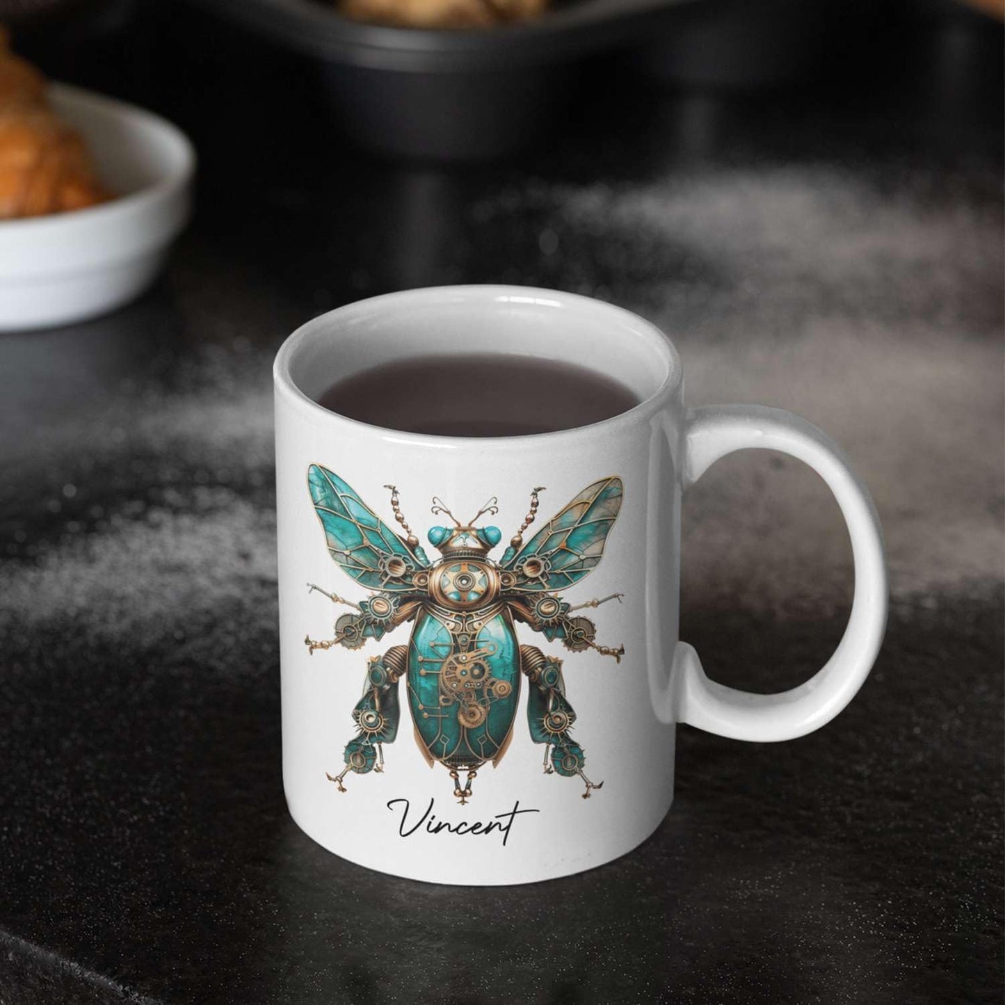 Unique Mechanical Insect Art Ceramic Cup, Personalized Steampunk Beetle Design Coffee Mug 11oz, Custom Name White Mug For Science Fiction Enthusiasts, Customized Insect Ceramic Mug