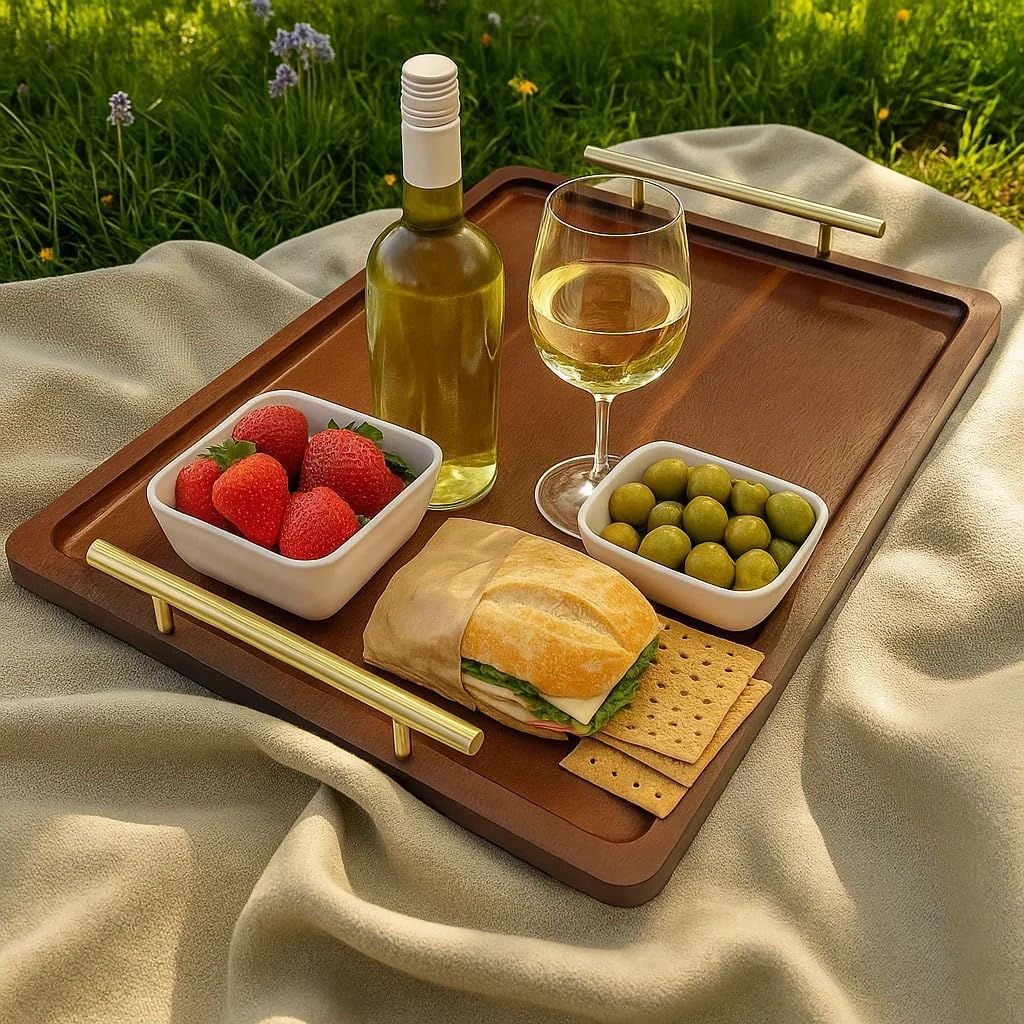 Acacia Wood Serving Tray – 17" x 13" Ottoman Tray with Metal Handles for Coffee Table, Breakfast, Snacks, Tea, Food – Decorative Wooden Tray for Kitchen, Living Room & Bedroom