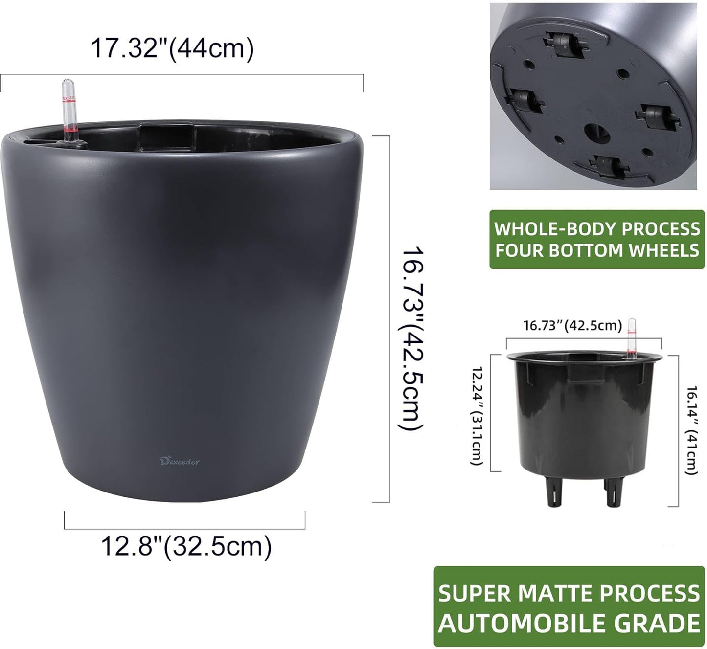 Dexceder 18x17 Self Watering Planter with Wheels Indoor Outdoor, Inner Pot Design, Thickened Large Floor Standing Flower Plant Pot with Water Level Indicator (Slate Gray Matte)