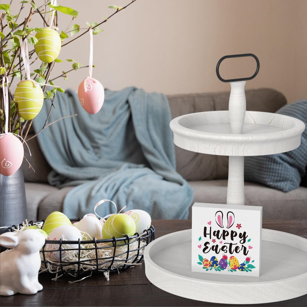 Rustic Farmhouse Bunny Easter Decorations Country Home Office Desk Decor Happy Easter Sign Cubicle Shelf Tabletop Tiered Tray Decor Gifts for Women 5 X 5 Inch