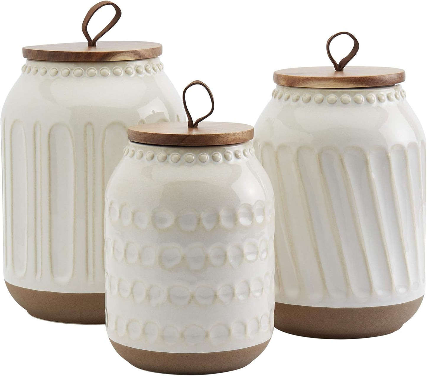 TTU Tabletops Gallery Ceramic Canister Collection- Stoneware Designed Kitchen Storage Embossed Acacia Wood White Set, 3 Piece Embossed Ziggy White Canister Set