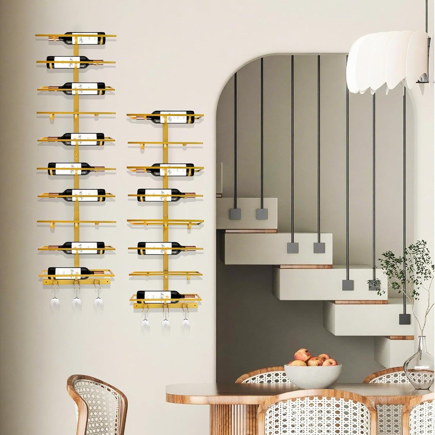 16 Bottle Wall Mount Wine Rack with Wine Glass Holder, Metal Wine Wall Rack, Wall Racks for Wine Bottles Display and Storage, Hanging Bottle Organizer for Living Dining Room Wine Cellar Bar (Gold)