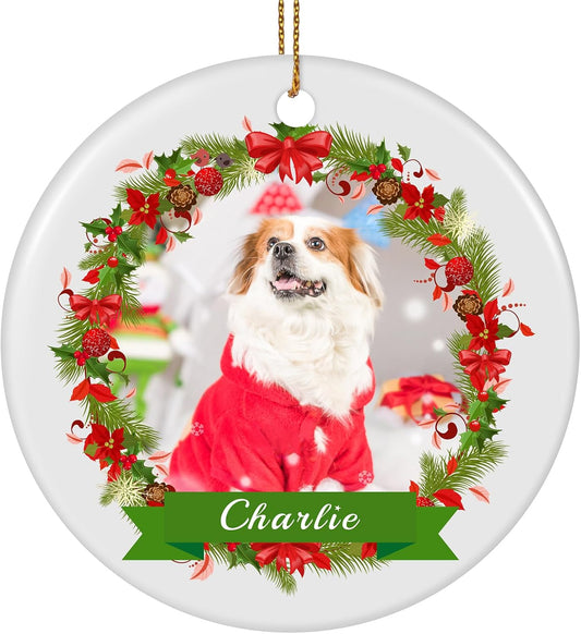 Personalized Dog Photo Christmas Ornament 2025, Ceramic Custom Pet Memorial Ornament Xmas Gifts for Christmas Trees Decorations