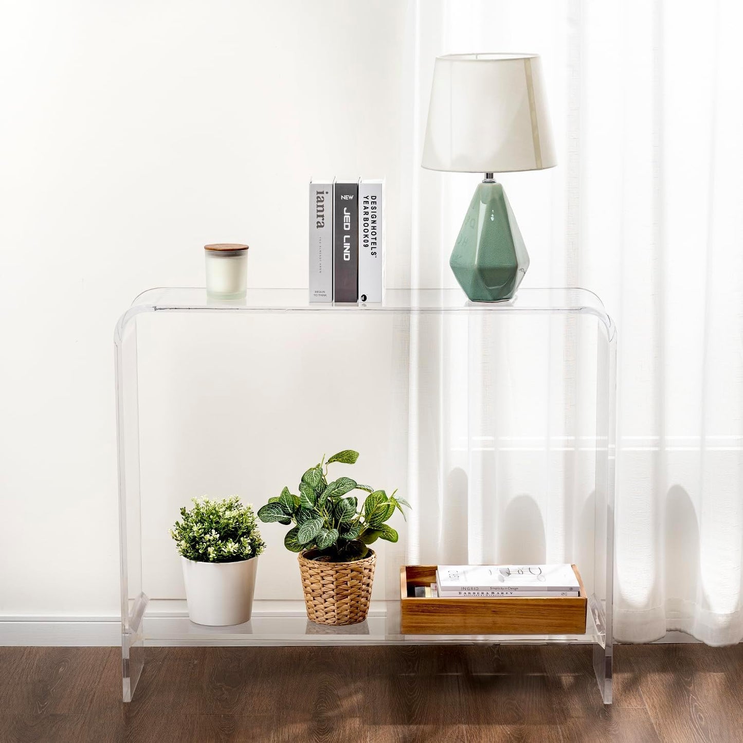 MyGift Premium 15mm Clear Acrylic Entryway Console Table with Bottom Display Shelf, 2 Tier Living Room Sofa Back Storage Shelves Modern Luxury Home Decor
