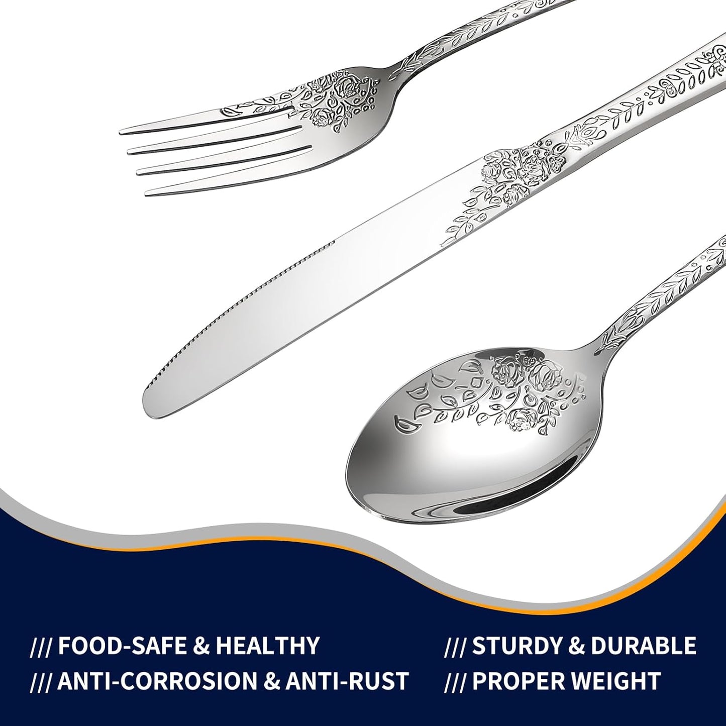 Floral 20 Pcs Silverware Set for 4, Food Grade Stainless Steel Flatware Set with Rose Flower Embossed Design, Eating Utensils Sets Include Fork/Knife/Spoon, Reusable Cutlery Set, Dishwasher Safe
