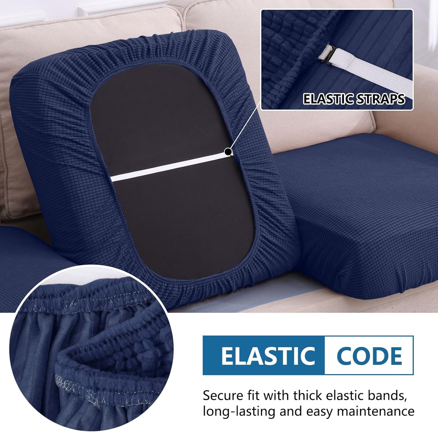 hyha Waterproof Couch Cushion Covers for Pets, Non Slip Sofa Seat Cover for Dogs Washable, Soft Thick Stretch Jacquard Fabric, Sofa Slipcovers with Elastic Bottom (1 Chaise+3 Seater, Navy)