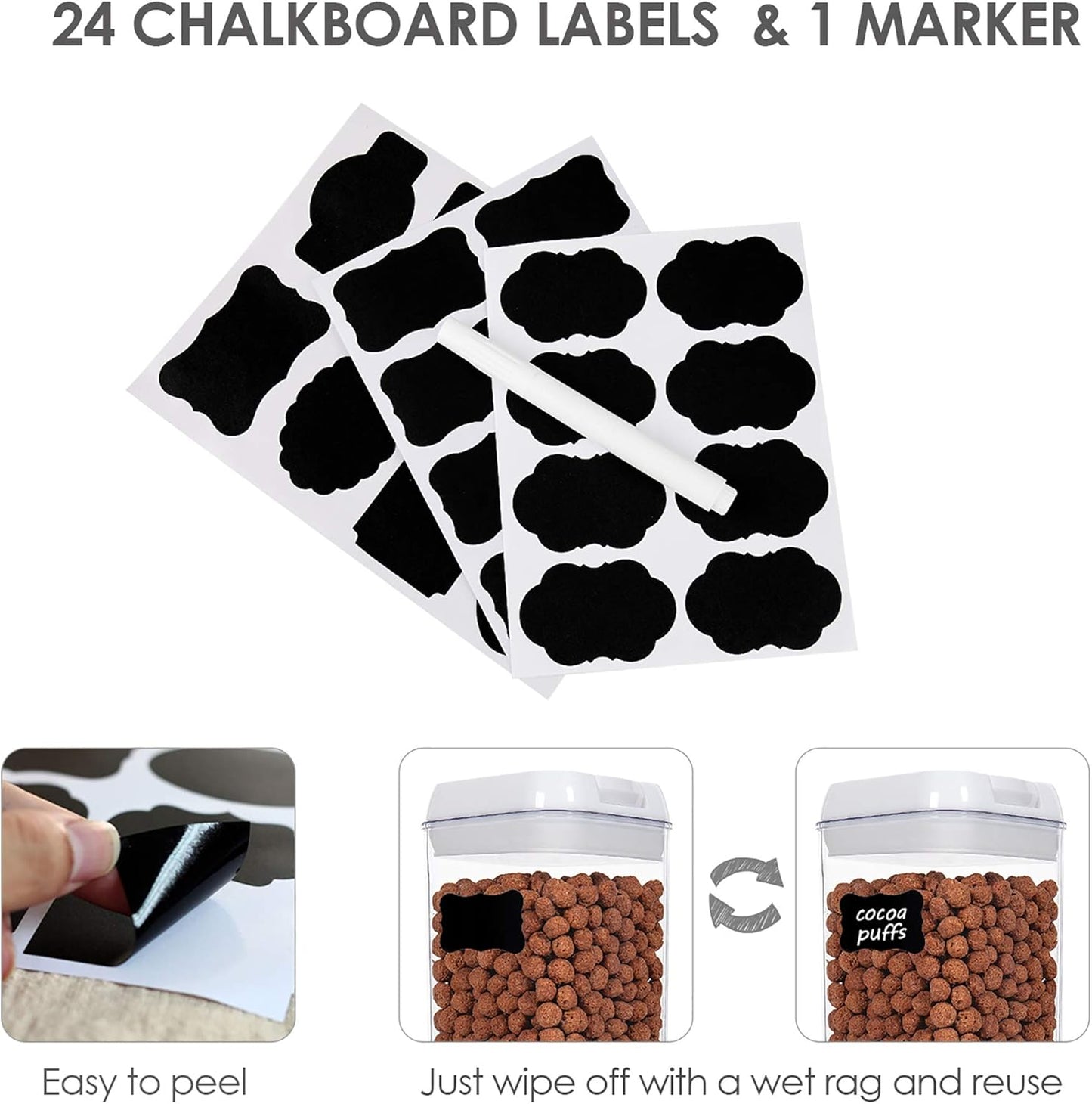 Vtopmart 6 PCS Airtight Food Storage Containers, BPA Free Plastic Snack Cereal Containers with Easy Lock Lids, for Kitchen Pantry Organization and Storage, Include 24 Labels, 1.2L